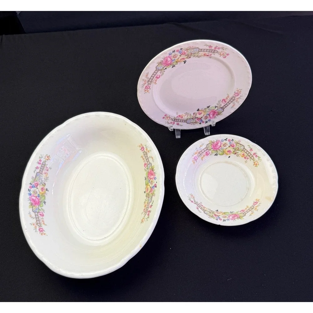 Vintage Crooksville China Co Floral 3pc Set Bowl Plate Saucer 644 Pink Rose USA